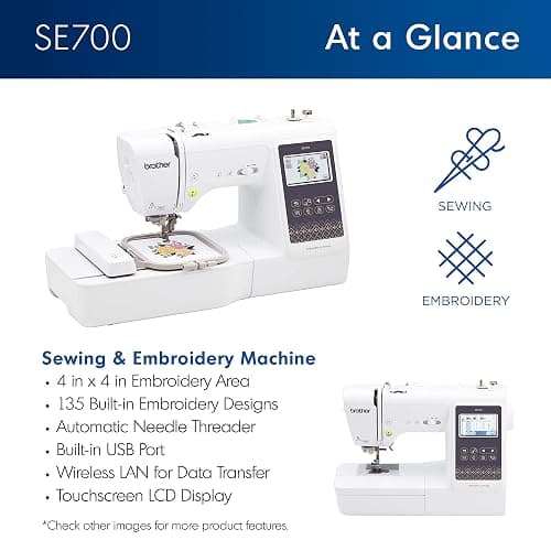 Brother SE700 Sewing and Embroidery Machine, Wireless LAN, 8 included Ft | Advanced & beginner sewing machine, 135 built-in embroidery designs, 103 stitches, 4" x 4" hoop, 3.7" touchscreen display thumbnail 4
