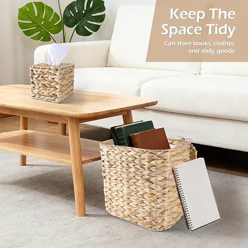 ARQRHTLY Wicker Trash Can and Handwoven Tissue Box Cover Set Rattan Waste Basket with Lid and Liner Boho Decorative Water Hyacinth Square Napkin Box Holder for Bathroom Bedroom Kitchen Living Room thumbnail 6
