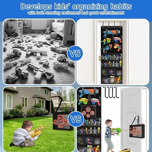 MonBel Over The Door Organizer for Toy Guns, Toy Gun Storage with Practice Target, Toys Storage Door Hanger with Pockets and Slots for Kids Rooms, Game Rooms, Black thumbnail 4