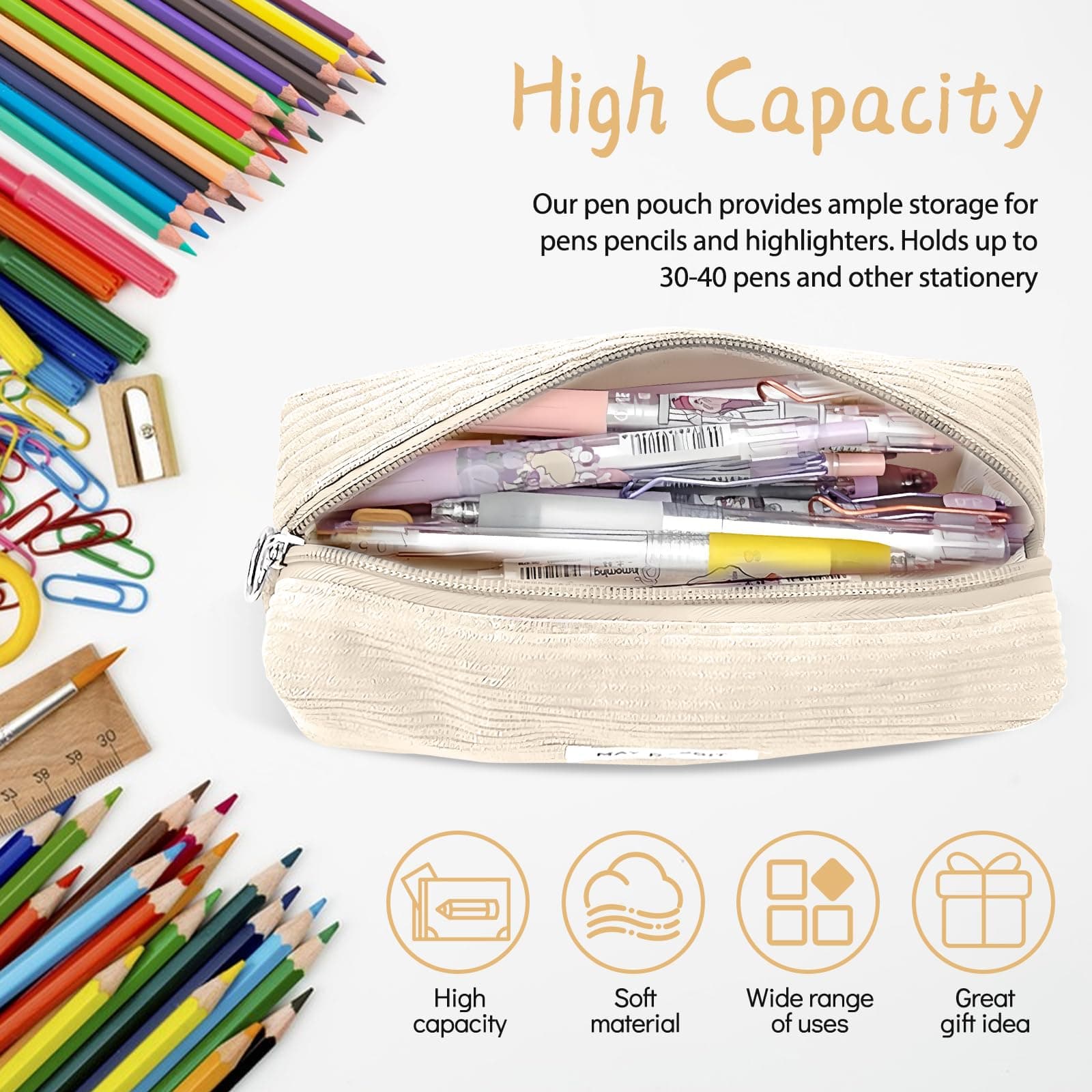 Electri-HQ Pencil Case Corduroy Portable Ribbed Pencil Case with Practical Zip for School, Home and Office, Light, cream, Simplicity thumbnail 3