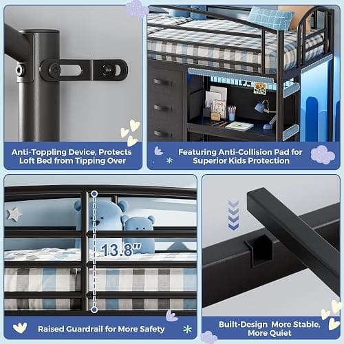 Low Loft Bed Twin Size with 7 Storage Drawers, Desk and LED Lights, Heavy Duty Metal Kids Loft Bed with 13.8" H Safety Guardrail, Anti-Collision Pad, Private Play Curtain, Under-Bed Play Space - Black thumbnail 3