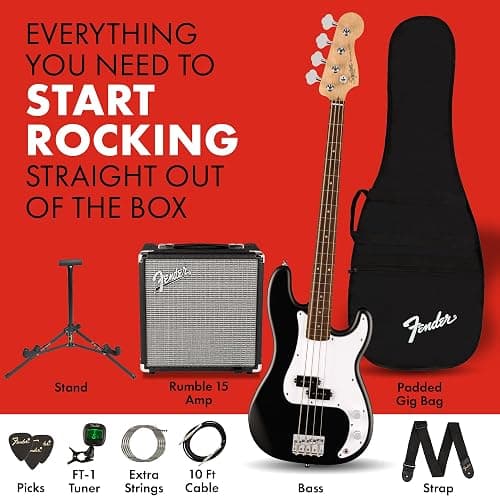 Fender Squier Debut Series Precision Bass Guitar Pack, Beginner Guitar Pack, 2-Year Warranty, Includes Rumble 15 Amplifier, Padded Gig Bag, Instrument Cable, and More, Black with Satin Urethane Finish thumbnail 3