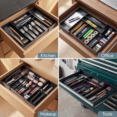 Silverware Drawer Organizer, 9 Slots Expandable Kitchen Drawer Organizer | Extra Large Utensil Holder & Cutlery Tray, Heavy Duty Stainless Steel Frame Flatware Organizer, Non-Slip Feet Included, Black thumbnail 7