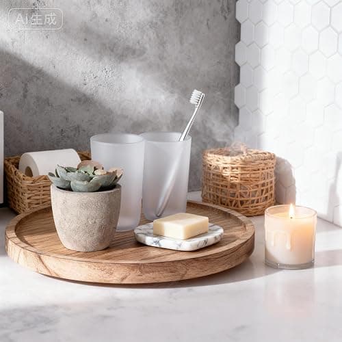 10 Inch Round Solid Wood Decorative Tray – Wooden Riser for Bathroom Counter & Kitchen, Rustic Farmhouse Vanity Organizer for Soap, Candle, Perfume, Gift thumbnail 5