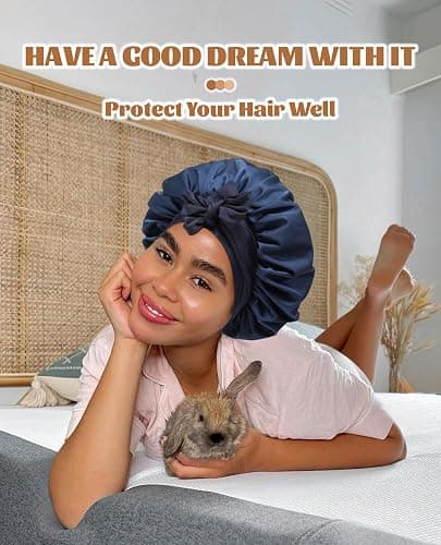 Satin Bonnet Silk Bonnet for Sleeping Silk Sleep Cap Double Layer Hair Bonnet with Elastic Tie Band for Curly Hair Night Cap (Navy Blue + Light Blue) thumbnail 6