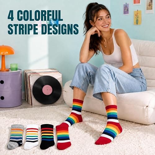 KONY Women's Cotton Novelty Crew Socks, Animal Dog Rainbow Pattern, 4 Pairs | Soft breathable, cute fun pattern, gift for teen girls and women, birthdays, holidays, stocking stuffers, Size 6-9 thumbnail 4