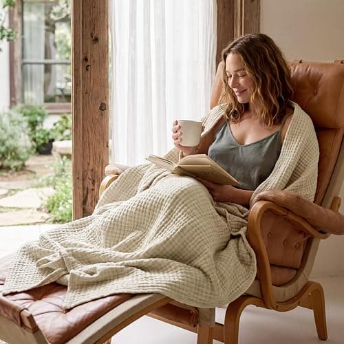 Bedsure 100% Cotton Muslin Blankets for Adults Large Throw 50x70 Inches - 4-Layer Breathable and Lightweight, Soft Boho Gauze Muslin Cotton Blanket for Couch Decor Travel Summer, Linen Beige thumbnail 2