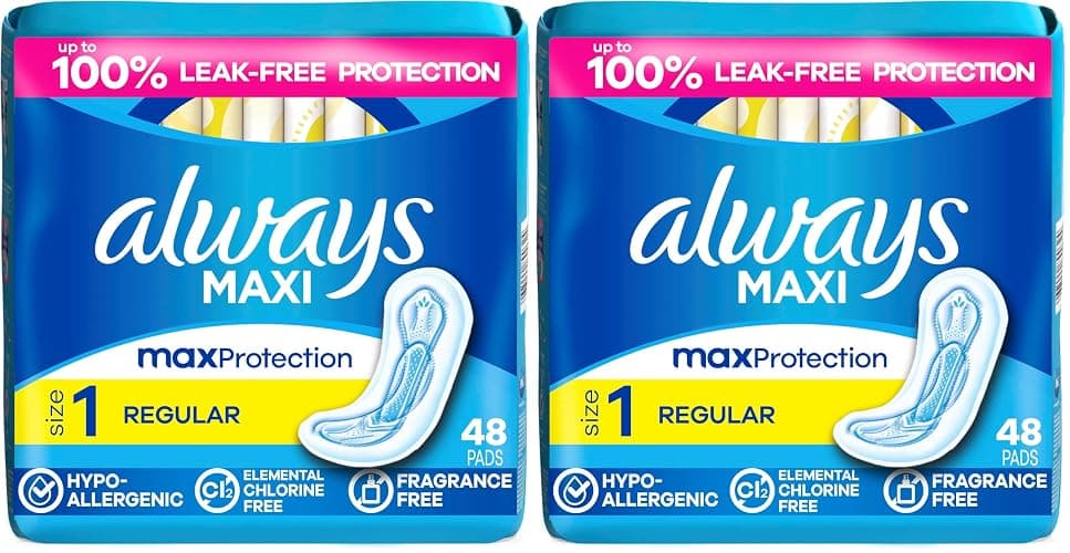 Always Maxi Pads for Women, Pad without Wings, Regular Absorbency, Size 1, Unscented, 48 Count (Pack of 2) - Image 1
