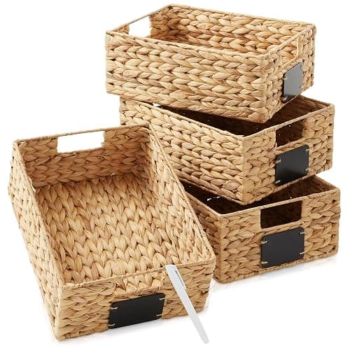 Casafield Set of 4 Water Hyacinth Pantry Baskets, 10" x 13" x 5", with Chalkboard Labels and Chalk Marker - Natural, Woven Storage Bin Organizers for Kitchen Shelves - Image 1