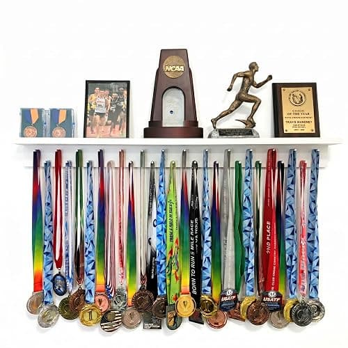 3ft Medal Hanger Display for Wall — Trophy Shelf with Hooks for Medals — 36" Solid Wood — Holds 30+ Medals + Cased Medals for Running, Gymnastics, Cheer, Karate — White- Medal Awards Rack - Image 1
