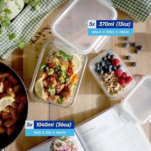 Harbour Housewares Glass Containers with Airtight Lids - 10 Pack - 2 Sizes (1040ml | 370ml) Lunch Box Tubs BPA-Free Meal Prep Containers Reusable Leak Proof Food Storage Tubs, Oven Safe, Freezer Safe thumbnail 4
