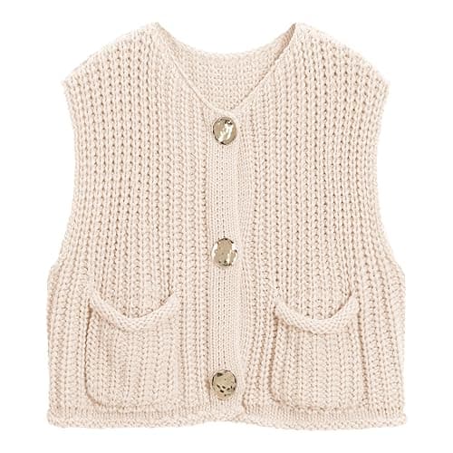 Hixiaohe Womens Crochet Chunky Knit Top Sleeveless Button Down Crop Tops Trendy Cardigan Sweater Vest for Women with Pockets - Image 1