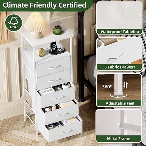 Somdot White Nightstand with Charging Station and LED Light for Bedroom, Tall 5 Drawers Dresser with Fabric Bins for Bedside Kids Dorm Room Closet Laundry Entryway, White Leather thumbnail 6