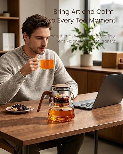 ZENS Magnetic Tea Pot, Enchanted Glass Teapot with Infuser and Magnetic Suction Lid for Mess-Free Loose Tea Diffusers, Walnut Wood Handle, Tea Lovers Gifts thumbnail 7