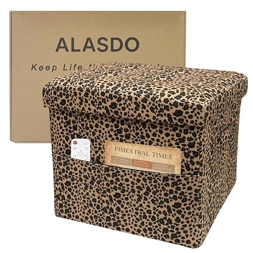 ALASDO Storage Ottoman Footrest Stool Small Ottoman with Storage Foldable Ottomans Foot Rest Footstool Bench for Living Room 17x13x13inches Leopard Print - Image 1