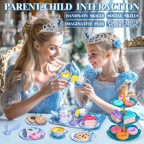 Hohosunlar Frozen Tea Party Set for Little Girls, Princess Gift Toy, Kids Pretend Play Tin Tea Set with Teapot, Tea Cups, Food Playset & Carrying Case, Birthday for Girls Age 3+ thumbnail 6