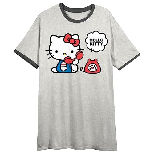 Bioworld Hello Kitty Character On Phone Women's Gray Crew Neck Short Sleeve Ringer Night Shirt - Image 1