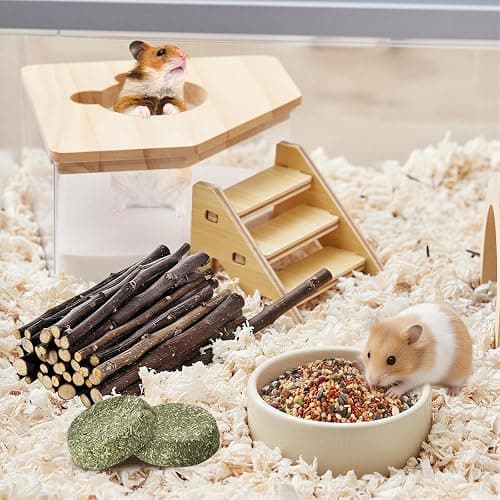 HKBZQC Hamster Sand Bath House 6Pcs, Small Pet Sand Bath Kit with Ladder, Chew Sticks, Food, Grass Cake, Bath Sand, Cage Accessories for Dwarf Syrian Hamsters Gerbils thumbnail 6