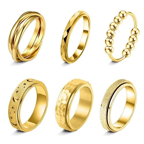 LOFITOR Fidget Rings for Anxiety 6pcs Stainless Steel Spinner Ring Anti Anxiety Ring Spinning Moon Star Cool Stress Relieveing CZ Rings for Women Men Band Rings Set - Image 1