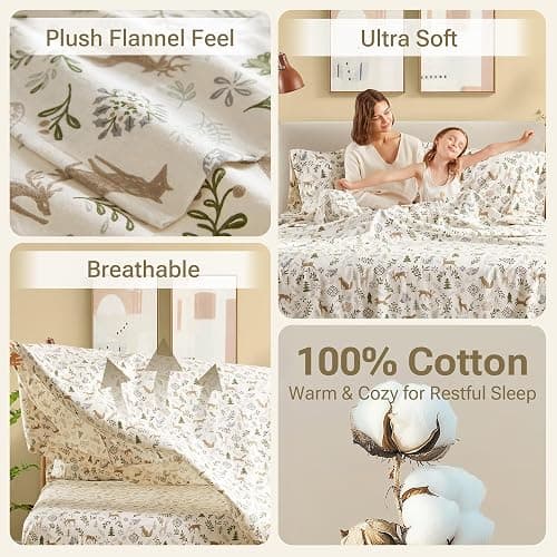 Sleep Philosophy True North 100% Cotton Flannel Sheets Queen Size, Cozy Flannel Sheet Set Brushed for Extra Softness, Heavyweight Novelty Print Warm Flannel Bedding Set, Tan Woodland Winter 4 Piece thumbnail 4