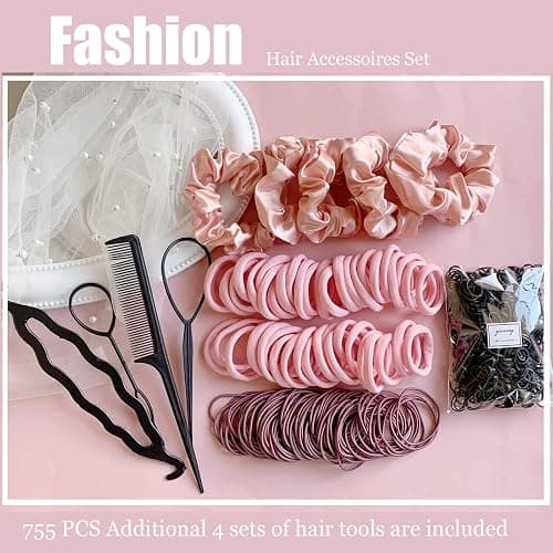 YANRONG 755PCS Hair Accessories for Woman Set Seamless Ponytail Holders Variety Hair Scrunchies Hair Bands Scrunchy Hair Ties For Thick and Curly (Pink) thumbnail 3