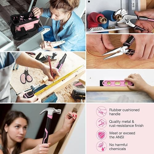 WORKPRO Pink Tool Kit with Drill, Tool Set with 20V Cordless Lithium-ion Drill Driver, Pink Drill Set for Women, 157PCS Home Tool Kit, Lady's Repairing Kit with 14-Inch Storage Bag - Pink Ribbon thumbnail 7
