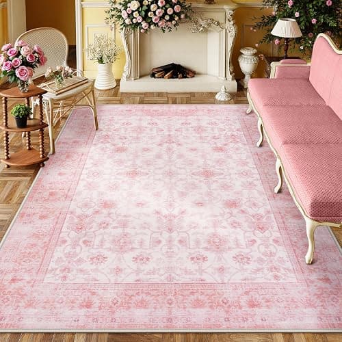 LIVEBOX 8x10 Pink Area Rug for Living Room, Vintage Soft Washable Bedroom Area Rugs, Non-Slip Foldable Floral Rug, Indoor Carpet for Dining Room Nursery Dorm Home Decor thumbnail 8