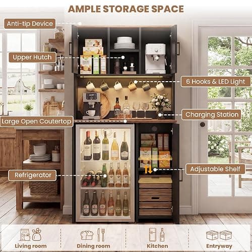 Unikito Mini Fridge Cabinet with Storage, Power Outlet & LED Light, Black | Coffee Bar Cabinet, Liquor Wine Bar Stand with Mini Fridge Space and Microwave Shelf, Beverage Station for Home Kitchen thumbnail 7