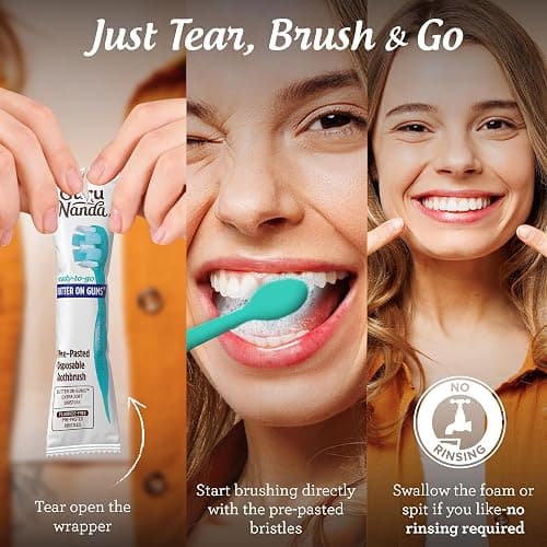 GuruNanda Mini Disposable Toothbrushes with Toothpaste & Toothpick, Prepasted Ready-to-Go Travel Toothbrush with Butter on Gums Bristles - Fluoride Free, No Rinsing, Individually Wrapped, 70 Ct thumbnail 4