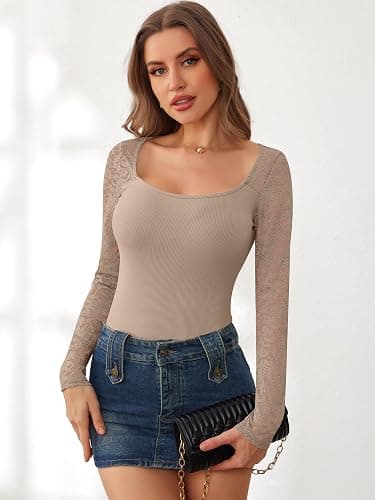 ANRABESS Womens Long Sleeve Shirts Scoop Neck Lace Going Out Tops Slim Fit Rib Knit Casual Blouses 2025 Fall Fashion Outfits thumbnail 6