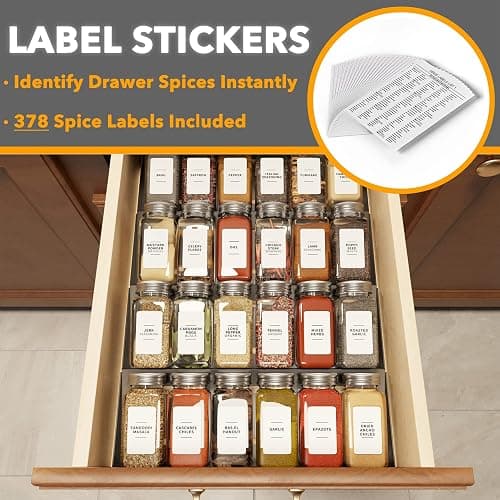SpaceAid Spice Drawer Organizer with 24 Spice Jars, 378 White Minimalist Spice Labels, 4 Tier Seasoning Rack Tray Insert for Kitchen Drawers, 11.25" Wide x 17.5" Deep thumbnail 4