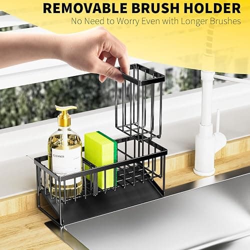 Cisily Kitchen Sink Caddy Organzier with High Brush Holder, Sponge Holder for Sink, 304 Rustproof Stainless, Kitchen Countertop Soap Dispenser Organizer, Kitchen Decor and Accessories (Black) thumbnail 4