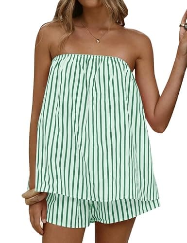 JEIBKOUY Women 2 Piece Matching Sets Striped Tube Top Shorts Sets Summer Vacation Outfits Y2K Going Out Top - Image 1