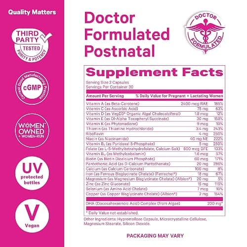 Pink Stork Total Postnatal Vitamin & DHA: Postpartum Multivitamin with Iron, B-Complex, & Folate, Breastfeeding Vitamins for Moms, Post Pregnancy Prenatal Vitamin, Women-Owned, 60 Capsules thumbnail 3