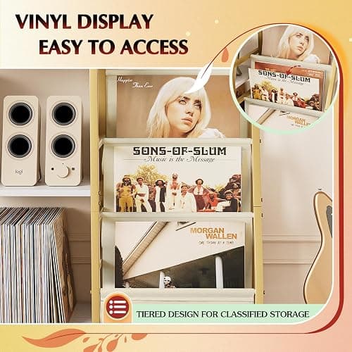 Record Player Stand, Turntable Stand with 3-Tier Vinyl Record Storage, Record Player Table 200 Albums, End Table with Vinyl Display Holder Shelf, Record Player Cabinet Media Console for Stereo,Gold thumbnail 6