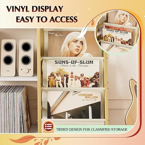 Record Player Stand, Turntable Stand with 3-Tier Vinyl Record Storage, Record Player Table 200 Albums, End Table with Vinyl Display Holder Shelf, Record Player Cabinet Media Console for Stereo,Gold thumbnail 7
