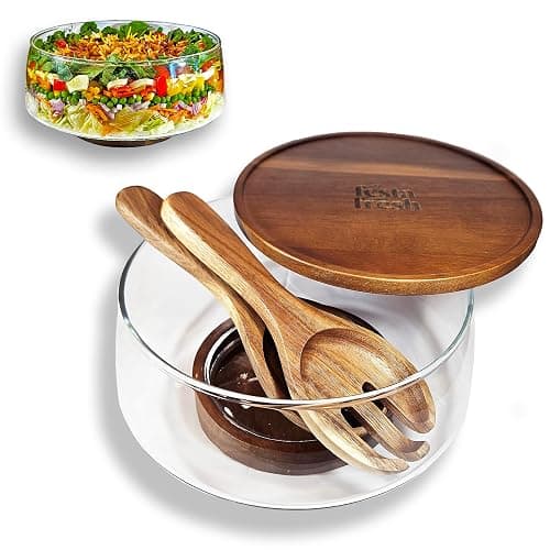 Festa Fresh Glass Salad Bowl Set with Acacia Wood Base, Lid and Serving Utensils, Clear 10 Inch 160 oz Party Bowl for Elegant Practical Serving - Image 1