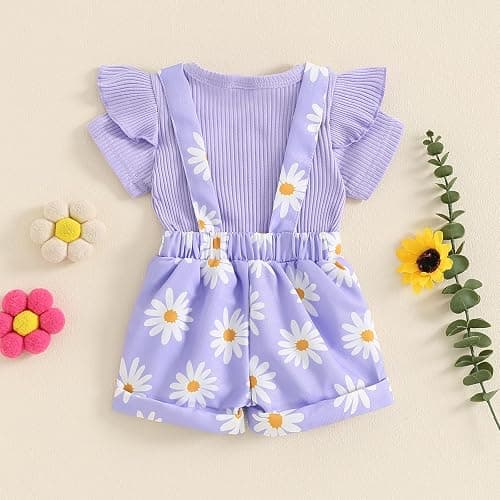 Rtnnsbbfcm Newborn Baby Girl Clothes Summer Outfit Short Sleeve Ribbed Romper Floral Suspender Overalls Shorts Set thumbnail 3