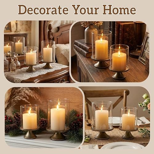 Set of 2 Hurricane Candle Holder Set with Glass Dome & Iron Base | Elegant Decorative Pillar Candle Holders for Living Room, Dining Room & Bedroom Centerpiece - Ideal Home Décor thumbnail 3