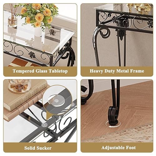 HavenlyYouth Console Table 47.2", Tempered Glass Sofa Tables, Vintage Entryway Table with Metal Frame, Console Tables for Living Room, Entrance, Foyer, Adjustable Feet (Black) thumbnail 4