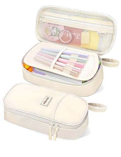 SUNEE Cute Pencil Case, Aesthetic Pen Pouch, Colored Large Pencil Bag with Zipper, Kawaii Stationery Storage and Organizer, School Supplies for Teen and Adult Girls, Beige - Image 1