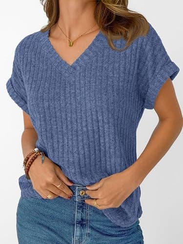 AUTOMET Women Tops Summer Sweaters Short Sleeve V Neck Shirts 2025 Spring Fashion Dressy Casual Business Tunic Blouses thumbnail 3