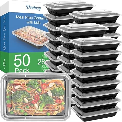 Dealusy 50 Pack (100-Piece) 28 oz Meal Prep Containers Reusable with Lids, Sturdy Leakproof & Food Safe, Microwave, Freezer, Dishwasher Safe Prep Containers, To Go Take Out Plastic Food Storage - Image 1