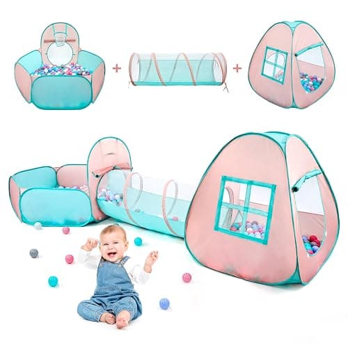 3 in 1 Pop Up Kids Play Tent with Tunnel and Ball Pit for Kids, Boys, Girls, Babies and Toddlers, Indoor/Outdoor Playhouse,Orange Pink/Light Green - Orange/Green thumbnail 5