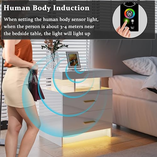 HNEBC Auto LED Nightstand with Wireless Charging Station & USB Ports,High Gloss Bedside Tables with 2 Drawers,Floating Nightstand with 3 Color & Adjustable Brightness for Bedroom,White thumbnail 6
