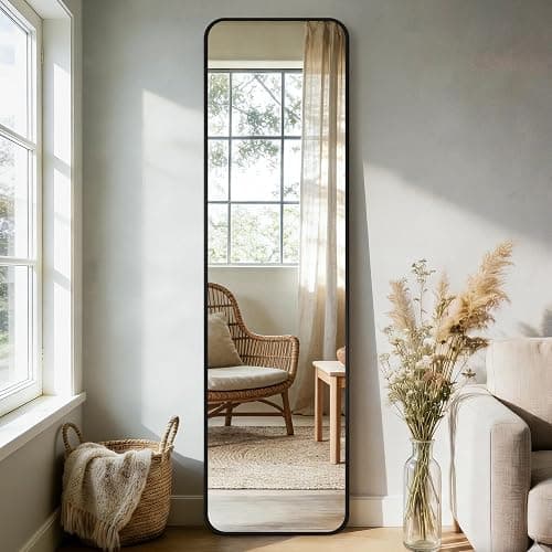 Delma Full Length Mirror, 56"x15" Black | Floor Standing Full Body, Wall Mounted, Freestanding or Leaning, Rounded Corners Rectangle Design thumbnail 9