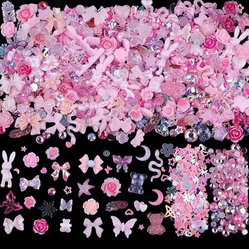 Sinyanail 300pcs Nail Art Charms Kit,Over 100pcs Mixshape Resin Gems and 100 pcs Mixed Flatback Nail Rhinestones Pearls with Over 100pcs Sequins for Women's Manicure Making (Pink) - Image 1