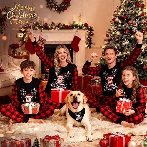 LUSLOVE Matching Christmas Pyjamas for Family - Xmas Pjs Set Soft Long Sleeve Nightwear Plaid Sleepwear for Women Men Kids Pets Couples thumbnail 4