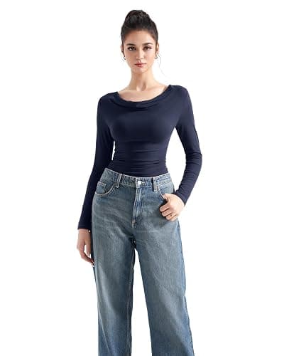 SUUKSESS Women Long Sleeve Off Shoulder Tops Trendy Cowl Neck Going Out Shirt for Fall thumbnail 5