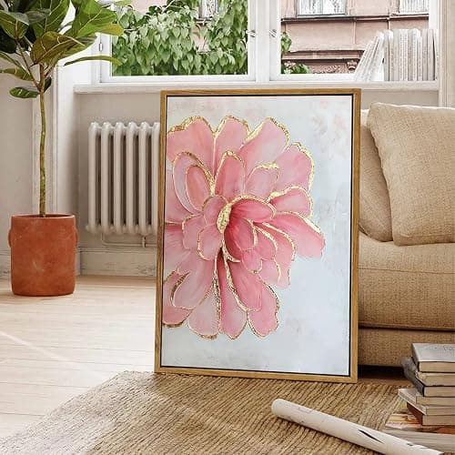 Framed Pink Peony Flower Canvas Wall Art Modern Pink and Gold Floral painting Decor Pictures Abstract flowering Posters Prints for Corridor Living Classroom Bedroom Woman Room Decoration thumbnail 5